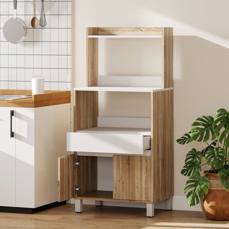 Meuble Micro-Ondes, Buffet Cuisine avec Tiroir, 2 Portes à Fermeture Douce, Plan de Travail et Étagères Ouvertes, Chêne (1/5)
