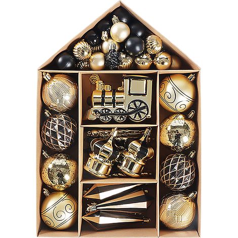 Weihnachtsdekorationsset: Hängende Weihnachtskugeln, attraktive Dekorationen für Zuhause und die Weihnachtszeit, schwarz und gold. (1/2)