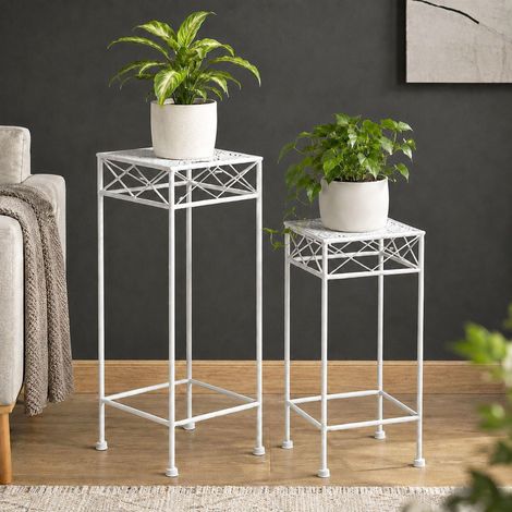 DanDiBo Tabouret pour fleurs Blanc Métal Angulaire Support pour fleurs 96314 Lot de 2 tables d'appoint Colonne pour fleurs Moderne Support pour plantes Tabouret pour plantes (1/5)