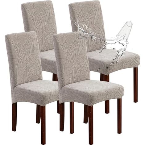 Lot de 4 Housses de Chaise Extensibles imperméables pour Salle à Manger, Cuisine, chaises Parsons (Feuilles, Gris Chaud)