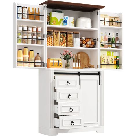 Hochschrank mit Kippschutz und seitlichem Snack-Rack, Soft-Close , Standschrank für Küche mit 4 Schubladen und verstellbaren Böden, Schrank mit einzigartigem Griff, Weiß
