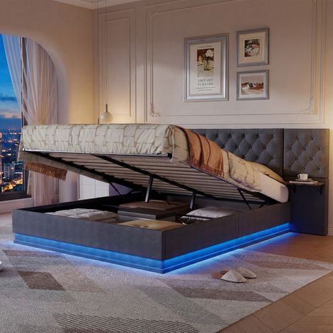 Cama canapé doble capitoné 160x200, 2 mesitas de noche, LED, carga inalámbrica, USB, estilo clásico - Gris (1/5)