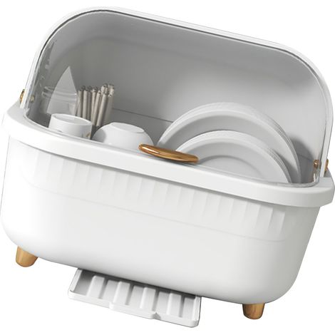 Multifunktionale Geschirraufbewahrungsbox mit Abtropfschale und Deckel, platzsparendes Küchenaccessoire, weiß M (1/5)