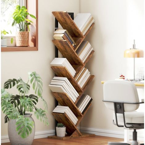 Libreria a forma di albero 50x24x136 cm, 9 ripiani, salvaspazio, con protezione antiribaltamento, legno marrone rustico (1/5)