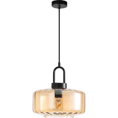 Suspension Moderne en Verre Ambré avec Douille E27, Luminaire Plafonnier Noir Mat pour Cuisine, Salle à Manger (Ambre) (1/5)