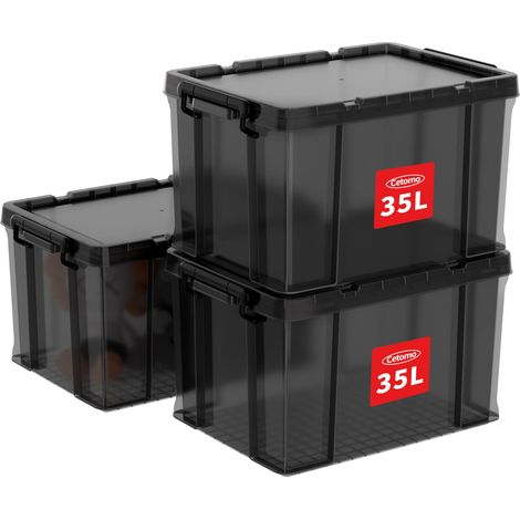 Boîtes de rangement, boîte empilable avec couvercles, contenant robuste avec coins renforcés, côtés verticaux et verrouillage à pression, durable, en plastique, Noir clair, 35L - lot de 3 (1/5)