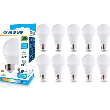 Ampoule LED, standard A60, culot E27, 15W (1520 lumens équivalent à 100W), lumière blanche froide 6500K, technologie SMD, faisceau 200 °, pack de 10 ampoules (1/4)