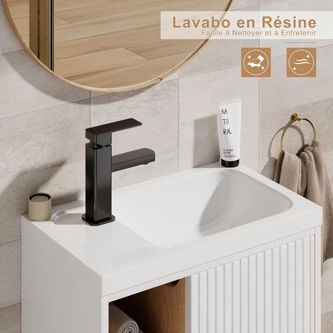 UEV – Meuble lave-mains mural 51 x 30,5 x 54 cm – Lavabo en résine anti-taches – Rangement caché et ouvert – Design moderne blanc