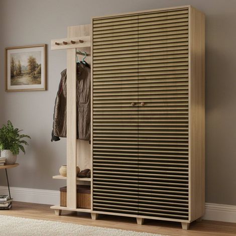 Dmora - Eingangsmöbel Terpsi, Moderner Eingang, Wandgarderobe, Multifunktions-Aufbewahrungskonsole, 135x36h194 cm, Eiche, mit verstärkter Verpackung