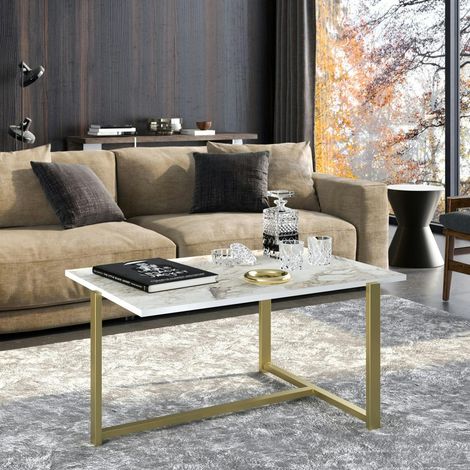 Table basse rectangulaire effet marbre pied en T doré MARFA