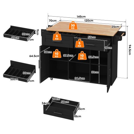 Îlot de cuisine mobile multifonction (avec extension de plan de travail rabattable, étagères réglables, 5 roulettes et tiroir à couverts dissimulé) — Idéal pour cuisines, salles à manger, salons, etc.