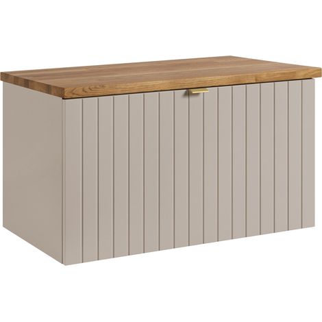 Meuble sous-vasque suspendu HARMO 80 cm avec plan en bois massif Façade rainurée cachemire semi-mat (1/5)