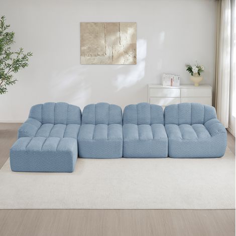 Divano modulare 366/165/79 cm blu con tessuto morbido e pouf, design ergonomico senza struttura (1/5)