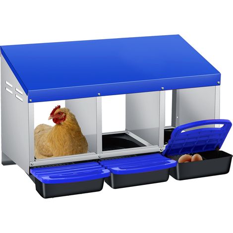 Pondoir Poules Pondeuses 3 Compartiments, Pondoir pour Poules Nichoirs avec perchoir et Triple bac de recyclage des œufs, Antirouille, Étanche, Ventilé, Bleu (1/5)