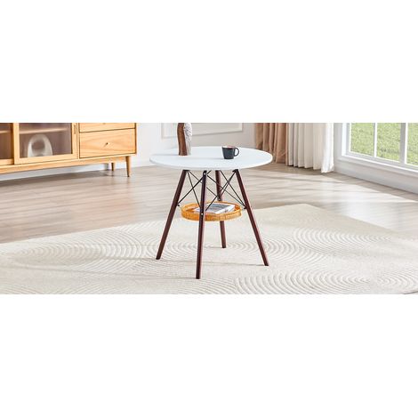 Table ronde Ø80cm - Design Scandinave - Plateau MDF blanc & Pieds bois massif noyer avec panier osier suspendu pour 2-4 personnes (1/5)