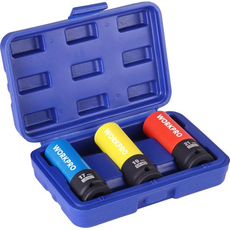 WORKPRO Set Bussole Bulloni Ruota, 3 pezzi, con Protezione, Attacco 1/2", Parete Sottile, Acciaio Cr-Mo, 17/19/21 mm, con Scatola Conservazione (1/5)