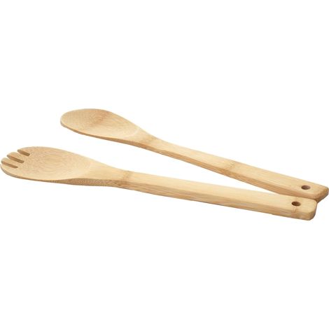Salatbesteck HHG-928, Besteck Küchenzubehör Servierbesteck Gabel Löffel 2-teilig, Bambus 1x6x30cm