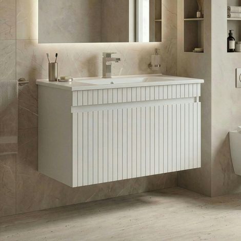 Meuble vasque suspendu 85 cm blanc 2 portes YARA (1/4)