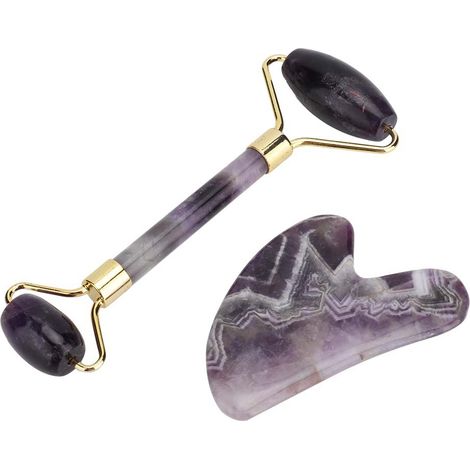 Rouleau de massage facial double tête anti-rides, planche de raclage corporel violet, soulagement des douleurs, soin beauté, outil de gua sha (1/5)