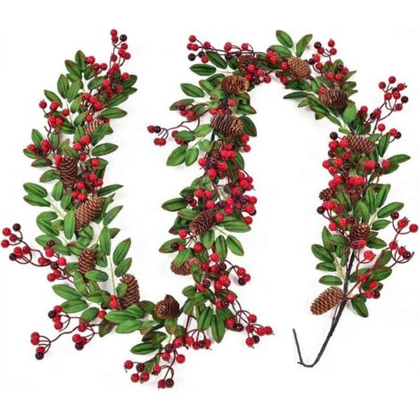 183cm Artificial Berry Christmas Garland, Holly Christmas Garland Decoration with Red and Black Berries, Pine Cone and Green Leaves for Winter Holidays, New Year, Fireplace, Christmas Decoration (1/5)