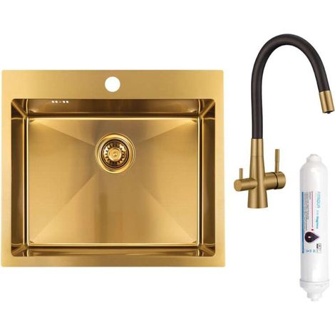 Malawi Einzelbecken-Küchenspüle mit Siphon und Wasserfilterarmatur, Gold (1/5)