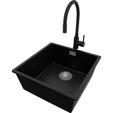 PRIMAGRAN Evier Cuisine en Granit 46x47cm, Lavabo 1 bac + Robinet 40x38cm + Kit de Vidage, Évier à Encastrer au meuble 50cm - London Slim, Noir (1/5)