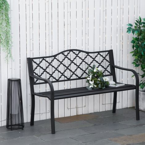 Panchina da giardino Outsunny a 2 posti, panchina da parco in metallo, portata fino a 240 kg, panchina da patio con schienale e braccioli, mobili da giardino, ghisa, nera, 128 x 58,5 x 89 cm