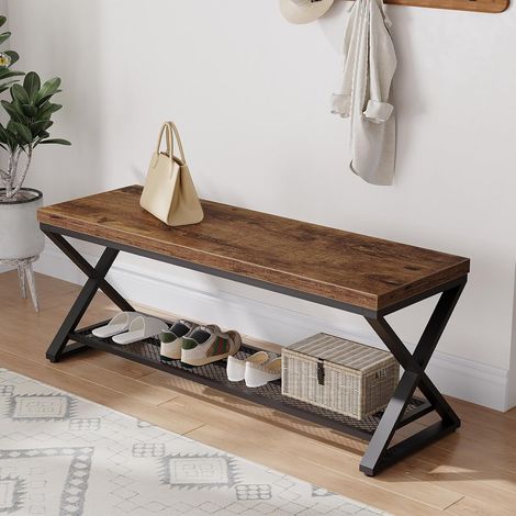 Banc d'entrée Industriel avec Rangement Banc de Rangement intérieur en Bois et métal pour Salon Chambre chaussurescouloir Marron Rustique 120cm (1/5)