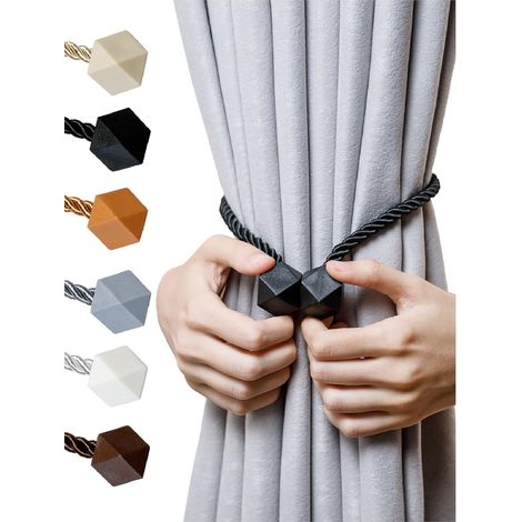 Magnetic Curtain Tiebacks- Upgrade 2022 with a Thicker Twist Rope & Strong Magnet Tieback Window Treatment Holdbacks Draperies Holders Decorative Drape Handmade Tie Back (Black, 2) (1/3)