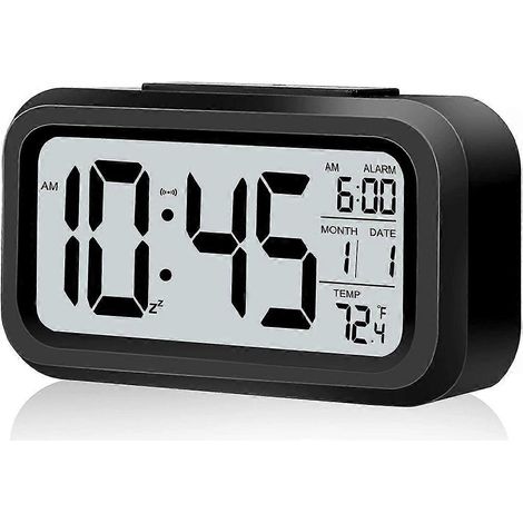 Réveil numérique à piles avec veilleuse, fonction snooze, date, format 12/24 h et température intérieure (noir) (1/5)