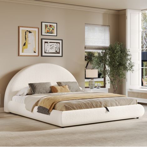 Lit double rembourré 160x200 cm avec sommier, tête de lit haute et coffre, blanc bouclé OKWISH (1/5)