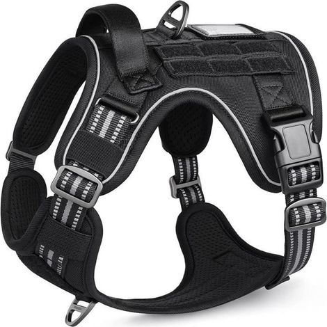 Harnais Chien Anti Traction, Harnais Tactique Chien Réfléchissant Réglable avec Poignée et Anneaux pour Entraînement Chasse Noir-M