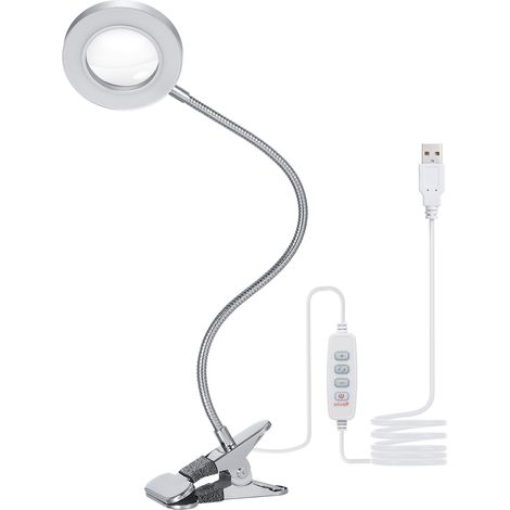 Lampe de table USB à pince, lampe de bureau mains libres avec loupe intégrée pour les travaux de précision, 3 modes de couleur et 10 niveaux de luminosité réglables, idéale pour la lecture et les lois (1/5)