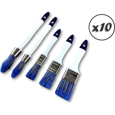 5 pinceaux spécial acrylique bicolores Lot de 10 3 plats de 20 - 30 - 40 mm et 2 pouces à rechampir 15 - 18 mm Virole inox Manche ergonomique polypropylène Poils soie Kibros LOT5PACRx10
