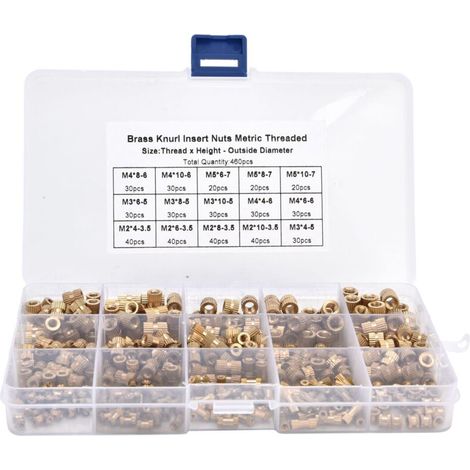 M2 M3 M4 M5 Knurled Nut Assortment Kit, Female Thread, Brass Threaded Insert, 460 Pieces (1/5)