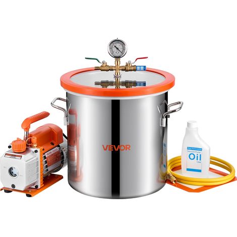 Pompe à Vide 3,5 CFM 99 L/min Chambre à Vide Acier Inox 18,92 L 1 Étage avec Couvercle Verre Trempé, Bouteille d'Huile 200 mL, Tuyau 1,5 m, pour Stabilisation de Bois Dégazage Résine Silicone (1/5)