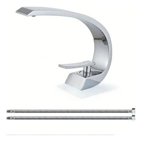 Grifo para lavabo de baño, grifo de baño de acero inoxidable, grifo mezclador para lavabo, agua fría y caliente, cromado. (1/5)