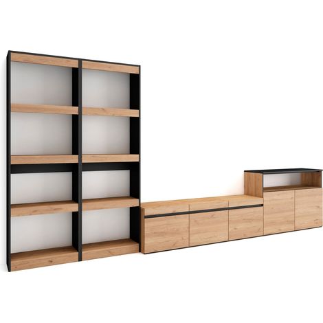 Skraut Home – Ensemble meuble TV moderne chêne et noir – Dimensions 370x35x186cm – Pour TV jusqu'à 65" – Grand rangement avec 2 portes (1/5)