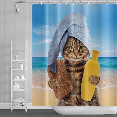 90x183cm Chat De Bain Rideau De Douche Animal Drle Mignonne Chaton avec Jouets De Canard De Serviette Rideau De Douche pour Salle De Bain Tissu Polyester Imperméable Ensemble avec Crochets (1/4)