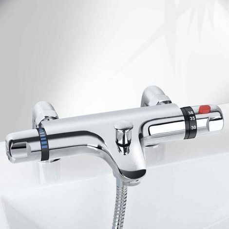 Mezclador termostático para bañera, mezclador termostático para ducha, cabezal de ducha visto con caño de llenado cromado. (1/4)