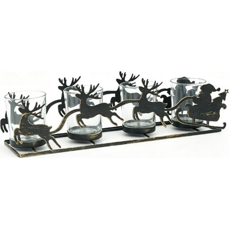 Portavelas metálico navideño con silueta de Papá Noel en trineo y renos, 4 ranuras para velas pequeñas, decoración para fiestas, velas no incluidas. (1/4)