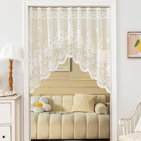 160x100cm Voilage Cuisine Court Rideaux de Cuisine Dentelle Brodée Fleurie, Style Campagne, Rideau Brise Bise À Œillets, Polyester Blanc (1/5)