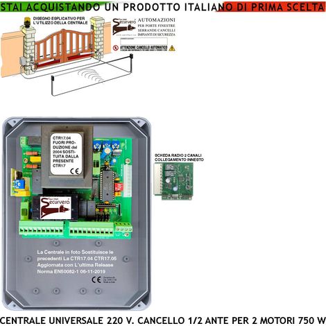 CTR17 PM8000 CENTRALE CANCELLO 2 ANTE 220 V UNIVERSALE CON SCHEDA RADIO REGOLAZIONI A TRIMMER SELEZIONE FUNZIONE (1/4)