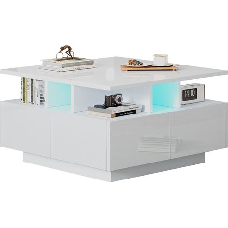 ELVMI Tavolino da salotto con 4 Cassetti e 1 Vano semiaperto, LED, Finitura Lucida, in Pannelli di particelle, 70 × 70 × 40 cm, Bianco (1/5)
