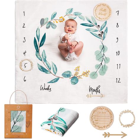 BEBUSINGOTO Baby-Meilensteindecke auf Französisch  Baby-Wickeltücher aus Baumwolle  Baby-Monatsdecke für Jungen oder Mädchen, Unisex  Blattmotiv (1/5)