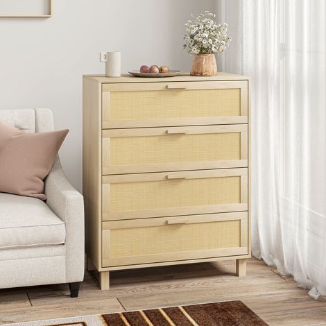 Cassettiera a 4 cassetti con intreccio in rattan, dimensioni 80L x 40W x 103H cm, MDF, effetto legno chiaro