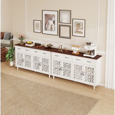 Credenza in truciolare bianco con 4 ante intagliate e 2 cassetti, ripiani regolabili (1/5)