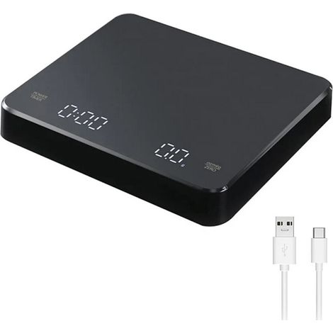 Digitale Küchenwaage mit Timer, LED-Anzeige, USB-Anschluss, maximale Kapazität 3 kg.