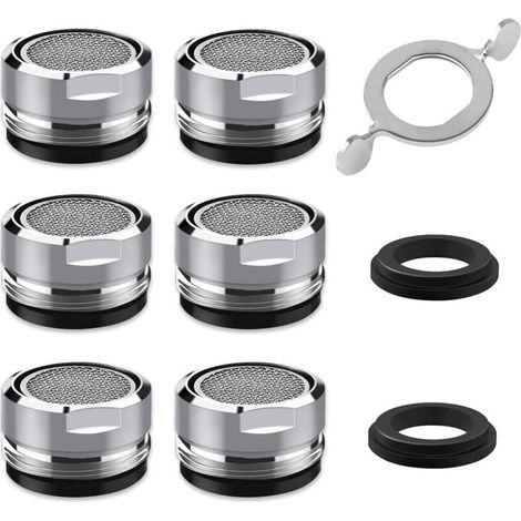 Mousseur Robinet M24, 6 Pièces Aerateur Robinet Economie Eau Avec Filtre en Acier Inoxydable et ABS, comprendre 8 joints et 1 clé à Mousseur chromée pour Robinet Lavabo de Salle de Bain et Cui (1/5)