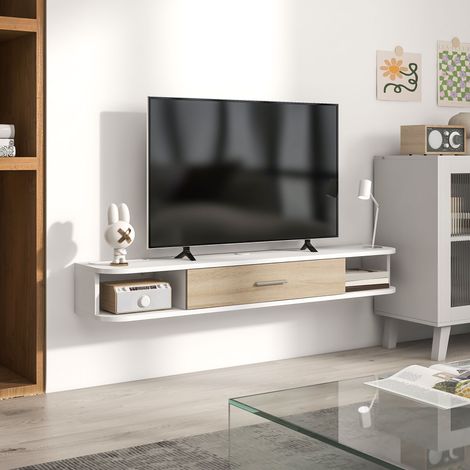 Mueble/banco para TV de pared para televisores de hasta 50 pulgadas con compartimentos abiertos y un armario blanco con puerta abatible. (1/5)